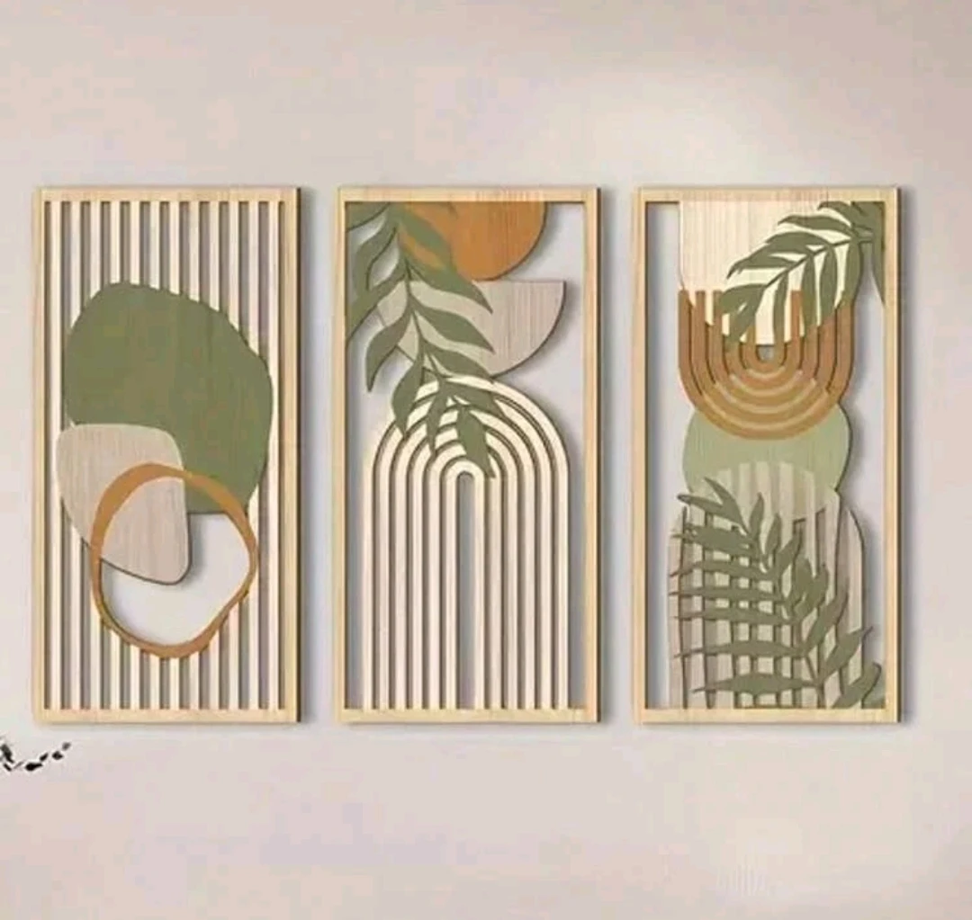 3 قطع من لوحات جدارية خشبية بتصميم تجريدي