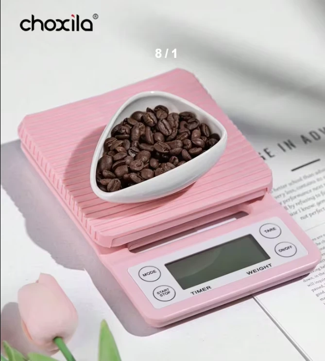ميزان قهوة CHOXILA وردي مع مؤقت – دقة 0.1 جم وشاشة LCD مضيئة